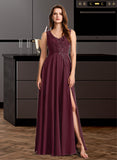 Philippa A-Line V-neck Floor-Length Bridesmaid Dress With Lace UKP0013117