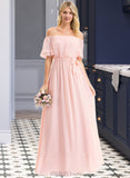 Sasha A-Line Off-the-Shoulder Floor-Length Chiffon Bridesmaid Dress With Bow(s) Cascading Ruffles UKP0013121