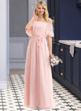 Sasha A-Line Off-the-Shoulder Floor-Length Chiffon Bridesmaid Dress With Bow(s) Cascading Ruffles UKP0013121