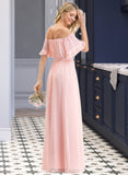 Sasha A-Line Off-the-Shoulder Floor-Length Chiffon Bridesmaid Dress With Bow(s) Cascading Ruffles UKP0013121