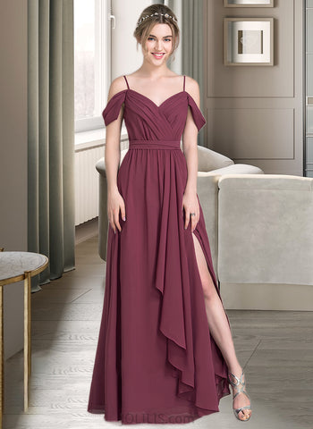 Maisie A-Line V-neck Floor-Length Chiffon Bridesmaid Dress With Bow(s) Split Front Cascading Ruffles UKP0013123