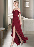 Maisie A-Line V-neck Floor-Length Chiffon Bridesmaid Dress With Bow(s) Split Front Cascading Ruffles UKP0013123