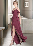 Maisie A-Line V-neck Floor-Length Chiffon Bridesmaid Dress With Bow(s) Split Front Cascading Ruffles UKP0013123