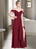 Maisie A-Line V-neck Floor-Length Chiffon Bridesmaid Dress With Bow(s) Split Front Cascading Ruffles UKP0013123