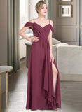 Maisie A-Line V-neck Floor-Length Chiffon Bridesmaid Dress With Bow(s) Split Front Cascading Ruffles UKP0013123