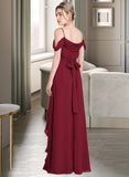 Maisie A-Line V-neck Floor-Length Chiffon Bridesmaid Dress With Bow(s) Split Front Cascading Ruffles UKP0013123