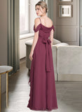 Maisie A-Line V-neck Floor-Length Chiffon Bridesmaid Dress With Bow(s) Split Front Cascading Ruffles UKP0013123