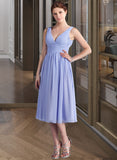 Juliet A-Line V-neck Tea-Length Chiffon Bridesmaid Dress With Ruffle UKP0013125