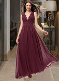 Lailah A-Line V-neck Floor-Length Chiffon Bridesmaid Dress With Ruffle Lace UKP0013129