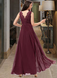 Lailah A-Line V-neck Floor-Length Chiffon Bridesmaid Dress With Ruffle Lace UKP0013129