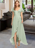 Naima A-Line V-neck Asymmetrical Chiffon Bridesmaid Dress With Cascading Ruffles UKP0013130