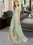 Naima A-Line V-neck Asymmetrical Chiffon Bridesmaid Dress With Cascading Ruffles UKP0013130