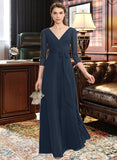 Alessandra A-Line V-neck Floor-Length Chiffon Bridesmaid Dress With Ruffle Bow(s) UKP0013132