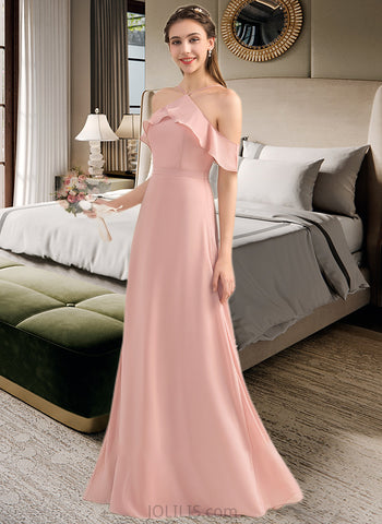 Ashlynn A-Line V-neck Floor-Length Chiffon Bridesmaid Dress With Bow(s) Cascading Ruffles UKP0013134