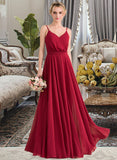 Lola A-Line V-neck Floor-Length Chiffon Bridesmaid Dress With Bow(s) UKP0013135