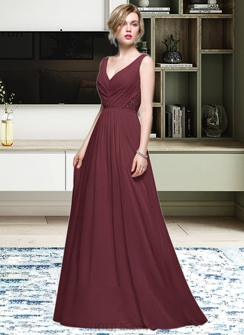 Lexie A-Line V-neck Floor-Length Chiffon Bridesmaid Dress With Ruffle Lace Beading Sequins UKP0013136