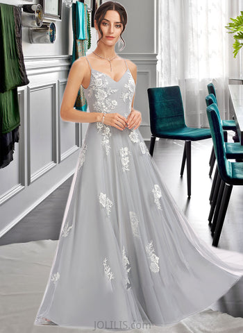 Amy A-Line V-neck Floor-Length Bridesmaid Dress With Lace UKP0013140