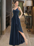 Moriah A-Line V-neck Floor-Length Bridesmaid Dress With Split Front Pockets UKP0013142