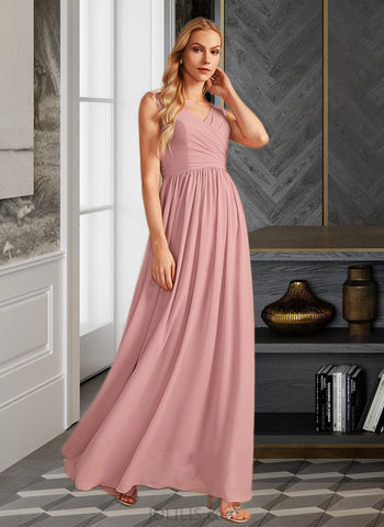 Micah A-Line V-neck Floor-Length Bridesmaid Dress With Ruffle Bow(s) UKP0013148