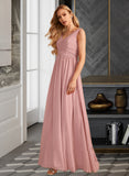 Micah A-Line V-neck Floor-Length Bridesmaid Dress With Ruffle Bow(s) UKP0013148