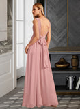 Micah A-Line V-neck Floor-Length Bridesmaid Dress With Ruffle Bow(s) UKP0013148