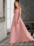 Micah A-Line V-neck Floor-Length Bridesmaid Dress With Ruffle Bow(s) UKP0013148