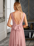 Micah A-Line V-neck Floor-Length Bridesmaid Dress With Ruffle Bow(s) UKP0013148