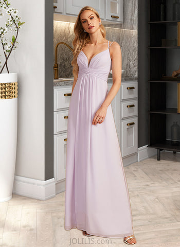 Frida A-Line V-neck Floor-Length Bridesmaid Dress With Ruffle UKP0013154