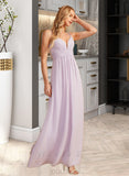 Frida A-Line V-neck Floor-Length Bridesmaid Dress With Ruffle UKP0013154