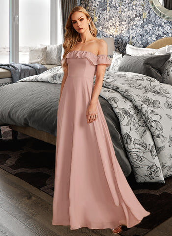 Kelsey A-Line Off-the-Shoulder Floor-Length Bridesmaid Dress With Ruffle UKP0013156