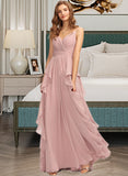 Phoebe A-Line V-neck Floor-Length Chiffon Bridesmaid Dress With Ruffle Cascading Ruffles UKP0013161