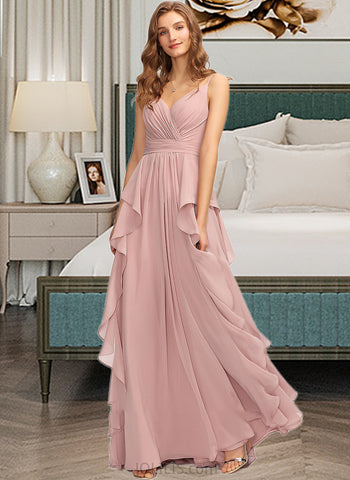 Phoebe A-Line V-neck Floor-Length Chiffon Bridesmaid Dress With Ruffle Cascading Ruffles UKP0013161