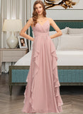 Phoebe A-Line V-neck Floor-Length Chiffon Bridesmaid Dress With Ruffle Cascading Ruffles UKP0013161