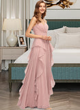 Phoebe A-Line V-neck Floor-Length Chiffon Bridesmaid Dress With Ruffle Cascading Ruffles UKP0013161