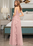 Phoebe A-Line V-neck Floor-Length Chiffon Bridesmaid Dress With Ruffle Cascading Ruffles UKP0013161