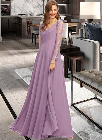 Reyna A-Line V-neck Floor-Length Chiffon Bridesmaid Dress UKP0013162