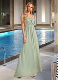 Eva A-Line V-neck Floor-Length Bridesmaid Dress With Ruffle UKP0013164