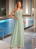 Eva A-Line V-neck Floor-Length Bridesmaid Dress With Ruffle UKP0013164