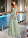 Eva A-Line V-neck Floor-Length Bridesmaid Dress With Ruffle UKP0013164