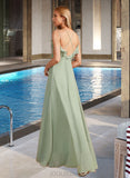 Eva A-Line V-neck Floor-Length Bridesmaid Dress With Ruffle UKP0013164