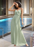 Eva A-Line V-neck Floor-Length Bridesmaid Dress With Ruffle UKP0013164