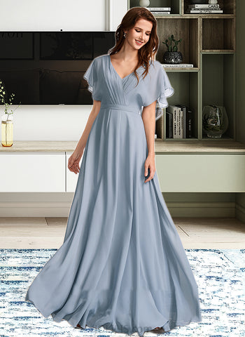 Fiona A-Line V-neck Floor-Length Bridesmaid Dress With Ruffle UKP0013165