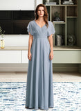 Fiona A-Line V-neck Floor-Length Bridesmaid Dress With Ruffle UKP0013165