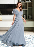 Fiona A-Line V-neck Floor-Length Bridesmaid Dress With Ruffle UKP0013165