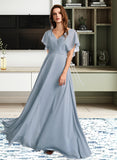 Fiona A-Line V-neck Floor-Length Bridesmaid Dress With Ruffle UKP0013165