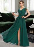 Adrianna A-Line V-neck Floor-Length Bridesmaid Dress With Lace Split Front UKP0013166