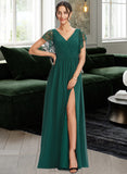 Adrianna A-Line V-neck Floor-Length Bridesmaid Dress With Lace Split Front UKP0013166