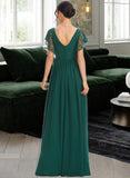 Adrianna A-Line V-neck Floor-Length Bridesmaid Dress With Lace Split Front UKP0013166