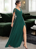 Adrianna A-Line V-neck Floor-Length Bridesmaid Dress With Lace Split Front UKP0013166