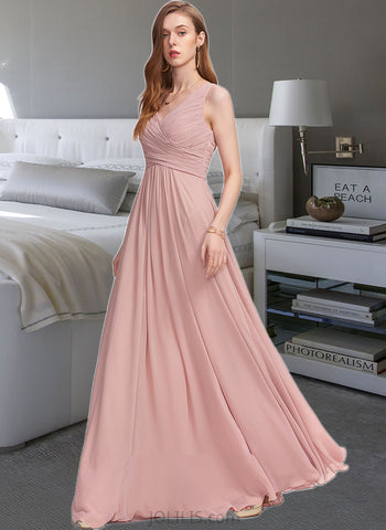 Sam A-Line V-neck Floor-Length Chiffon Bridesmaid Dress With Ruffle UKP0013174